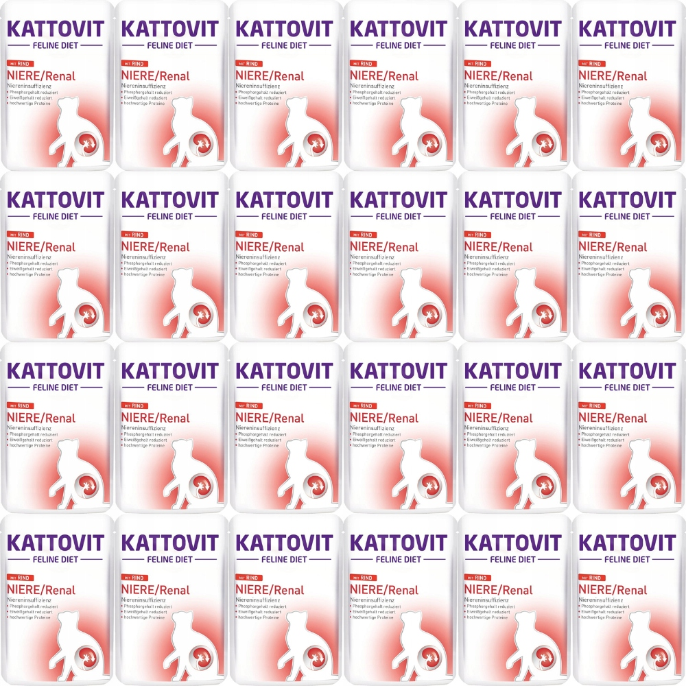 Wiele białych opakowań karmy dla kotów Kattovit Feline Diet Niere/Renal z czerwonymi akcentami.
