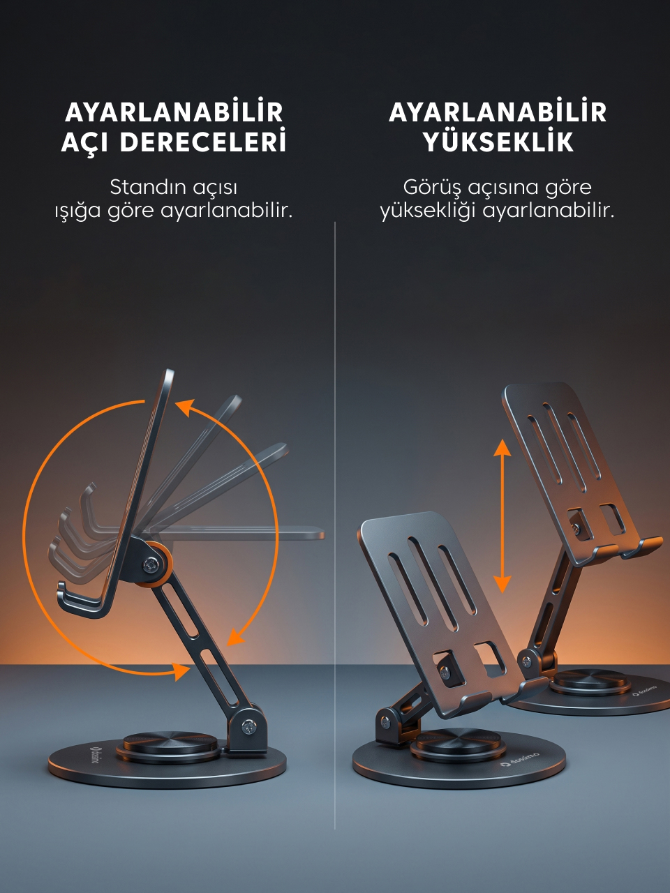 Açı ve yükseklik özelliklerini gösteren ayarlanabilir metal laptop standı.