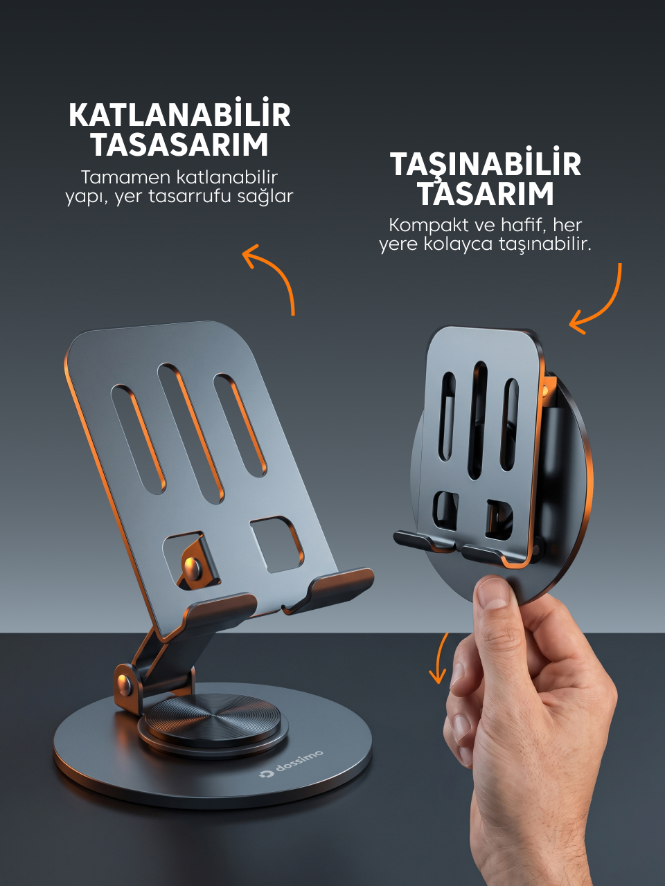 Yuvarlak tabanlı gri, katlanabilir telefon tutucu açık ve katlanmış halde gösteriliyor.