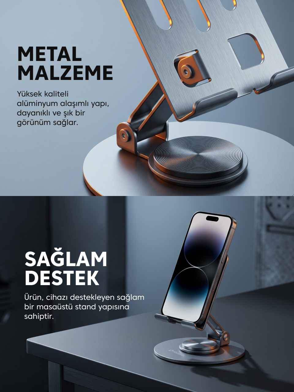 Gri masa üzerinde metal laptop standı, metin ve görsel bindirmeleriyle.