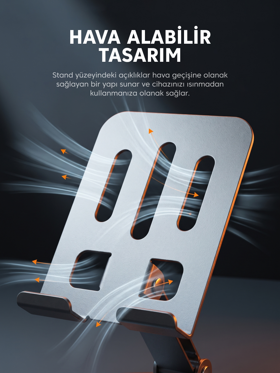 Havalandırma delikli ve Türkçe yazılı gümüş renkli dizüstü bilgisayar standı.