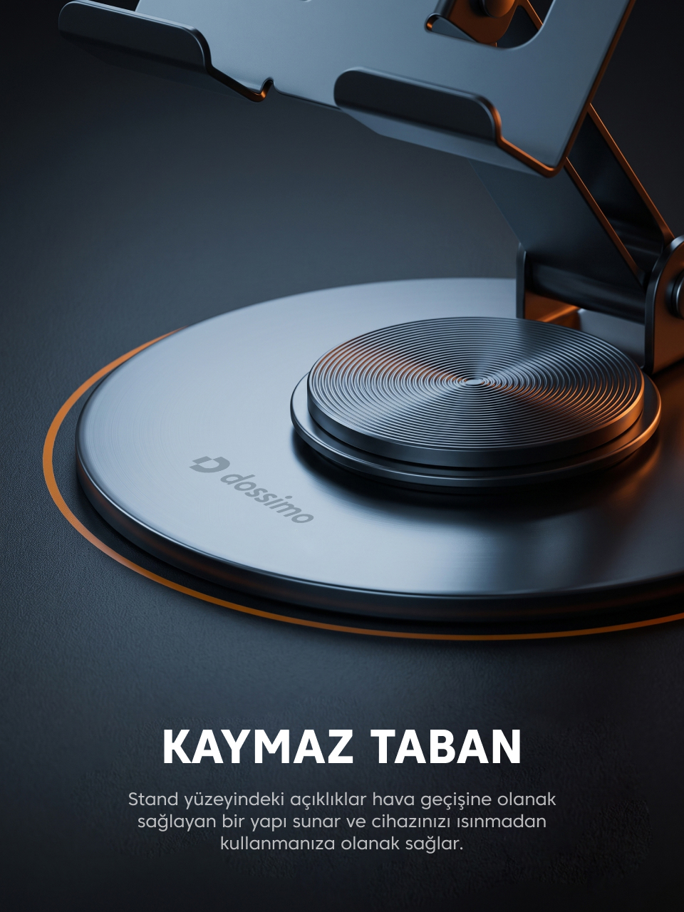 Koyu zemin üzerinde yuvarlak tabanlı ve Dossimo logolu gri laptop standı.