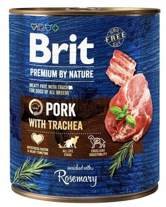 Lata de comida para perros Brit azul con imágenes de cerdo, tráquea y romero.