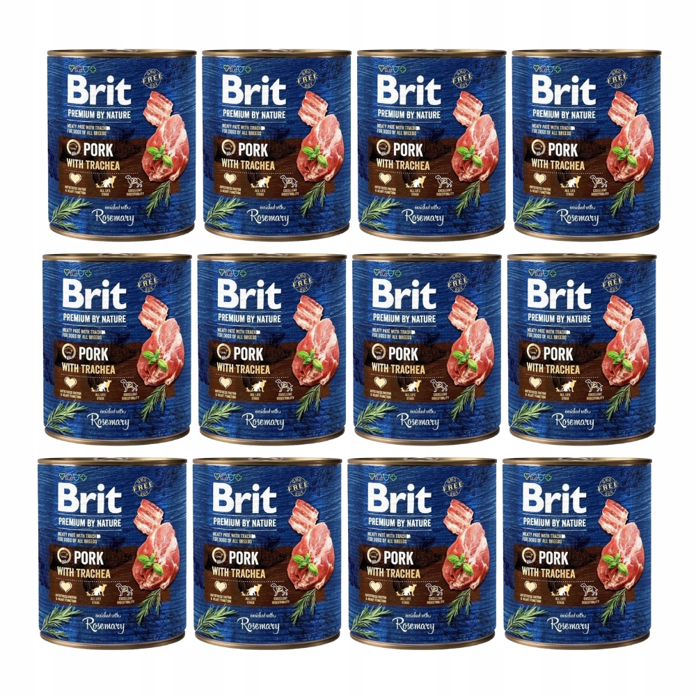 Doce latas idénticas de comida para perros Brit sabor cerdo dispuestas en una cuadrícula.