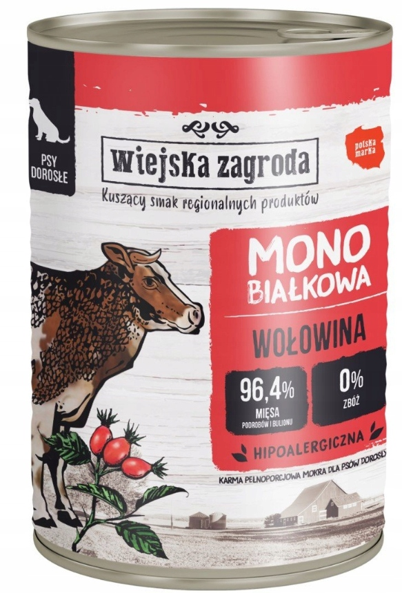 Una lata de comida para perros con la marca Wiejska Zagroda, sabor ternera y una vaca ilustrada.