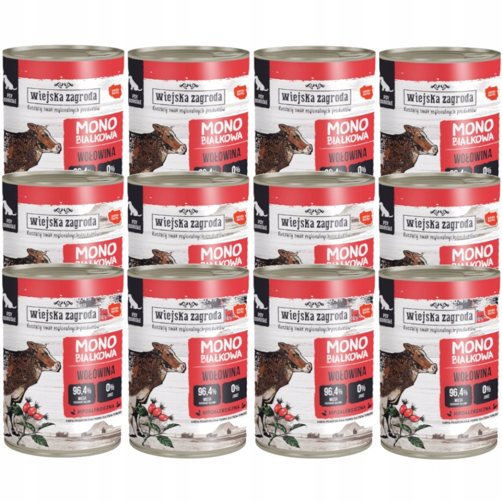 Doce latas de comida para perros de res Wiejska Zagroda, dispuestas en una cuadrícula de cuatro por tres.