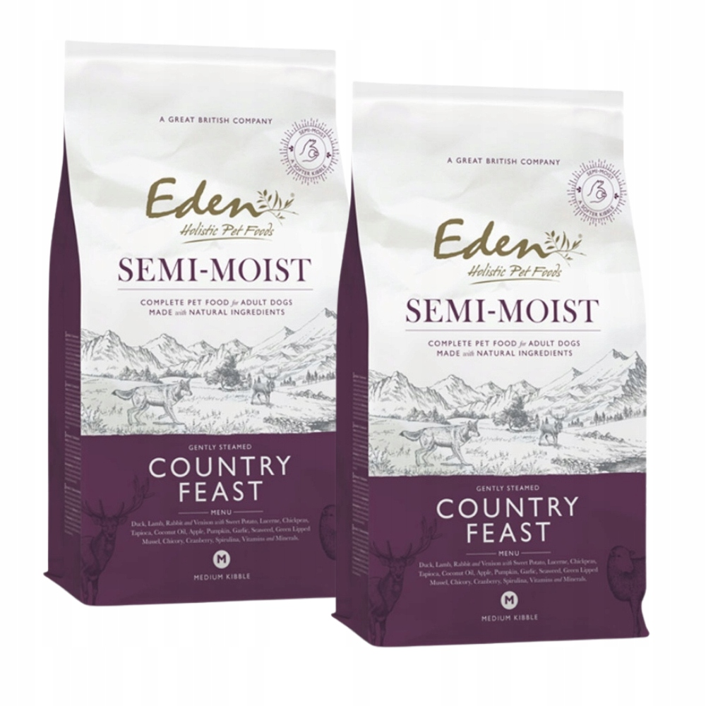 Dwa biało-fioletowe worki z karmą dla psów Eden Semi-Moist Country Feast z górami.