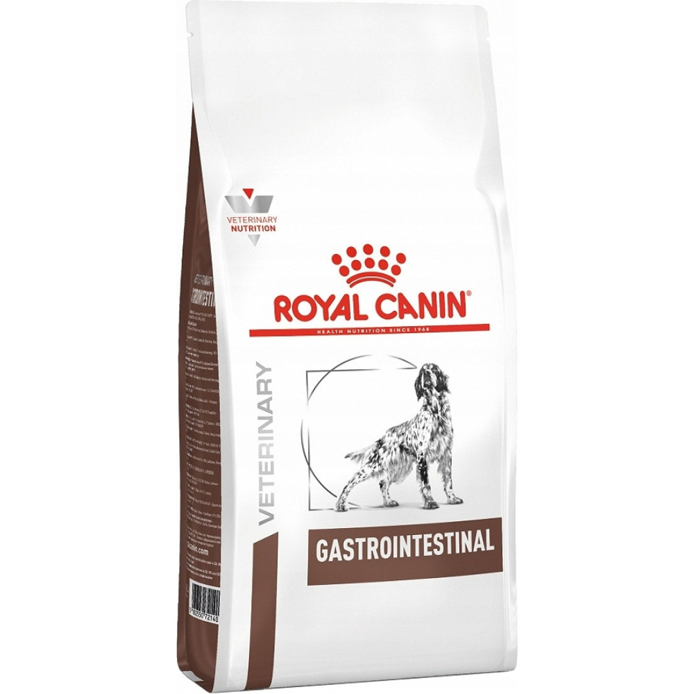Biały worek karmy dla psa Royal Canin Gastrointestinal z wizerunkiem psa.