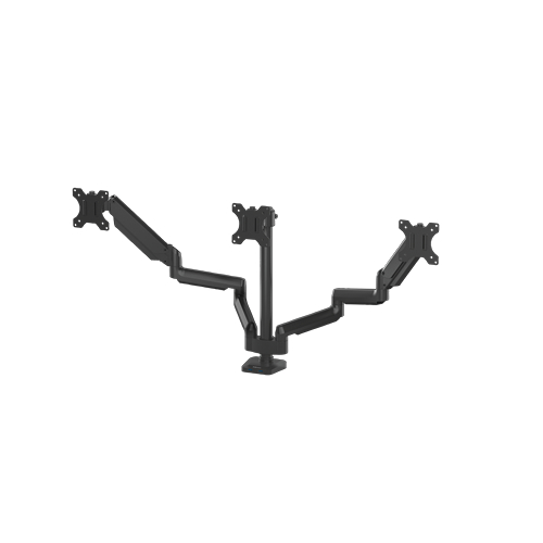 A black triple monitor desk mount against a white background.