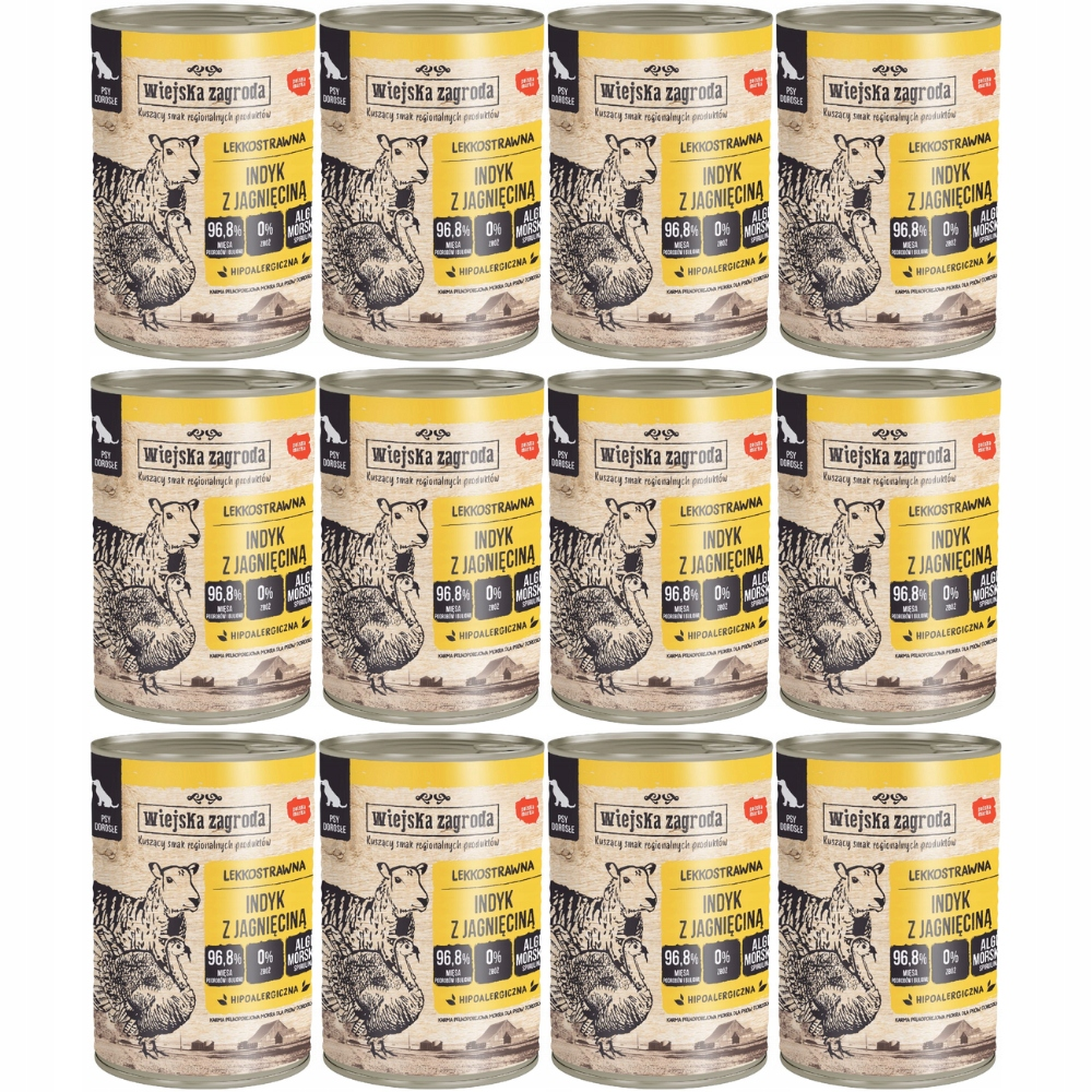 Doce latas idénticas de comida para perros con etiquetas amarillas, gráficos de animales y texto en polaco dispuestas en cuadrícula.