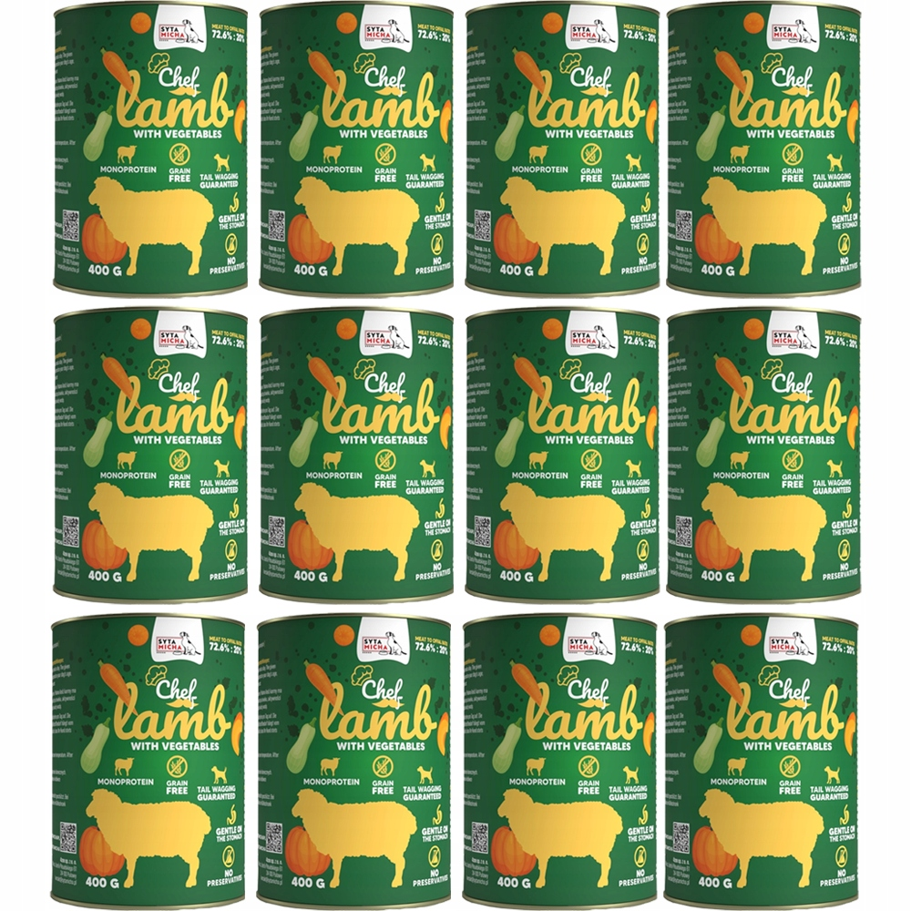 Doce latas de comida para perros verde con gráfico de oveja, calabaza y zanahoria.