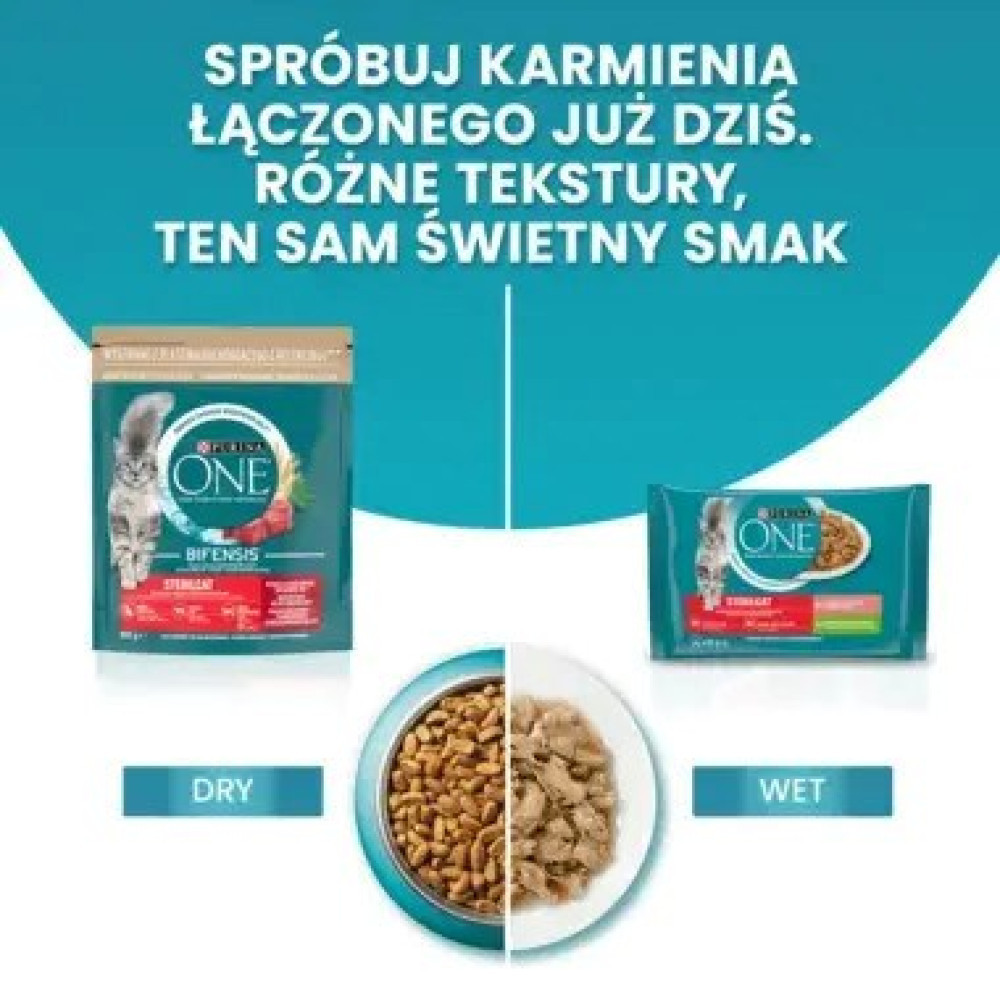 Reklama karmy dla kotów Purina One z wersją suchą i mokrą.