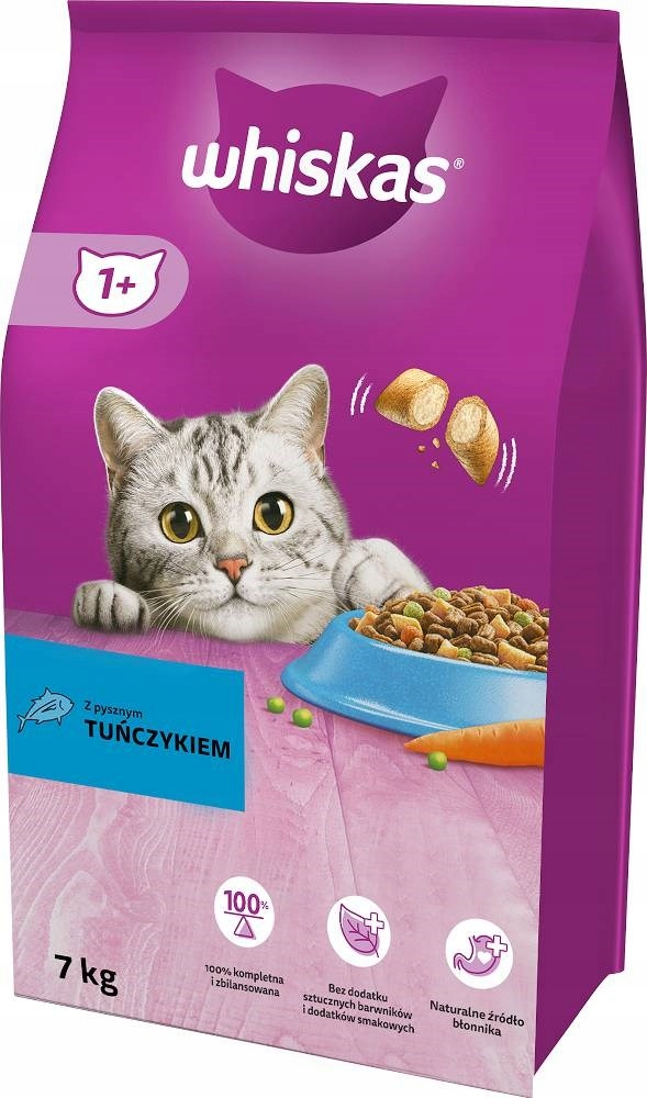 Fioletowa torba karmy Whiskas z srebrnym kotem, niebieską miską jedzenia i polskim tekstem.