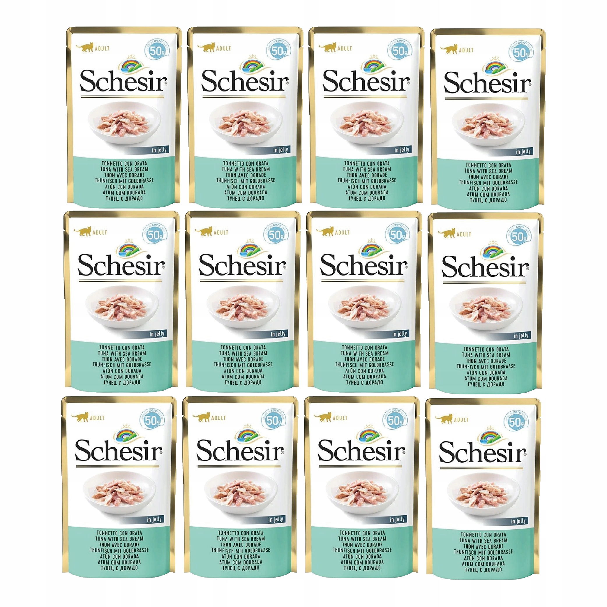 Doce sobres de comida para gatos Schesir de atún con dorada en gelatina, diseño blanco y verde.