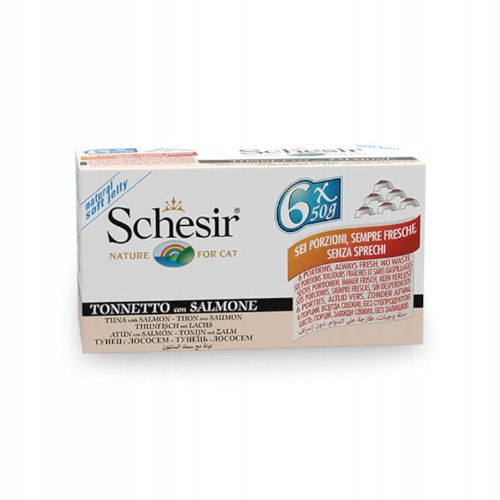 Una caja blanca de comida para gatos Schesir, atún con salmón, etiquetada 6x50g sobre fondo blanco.