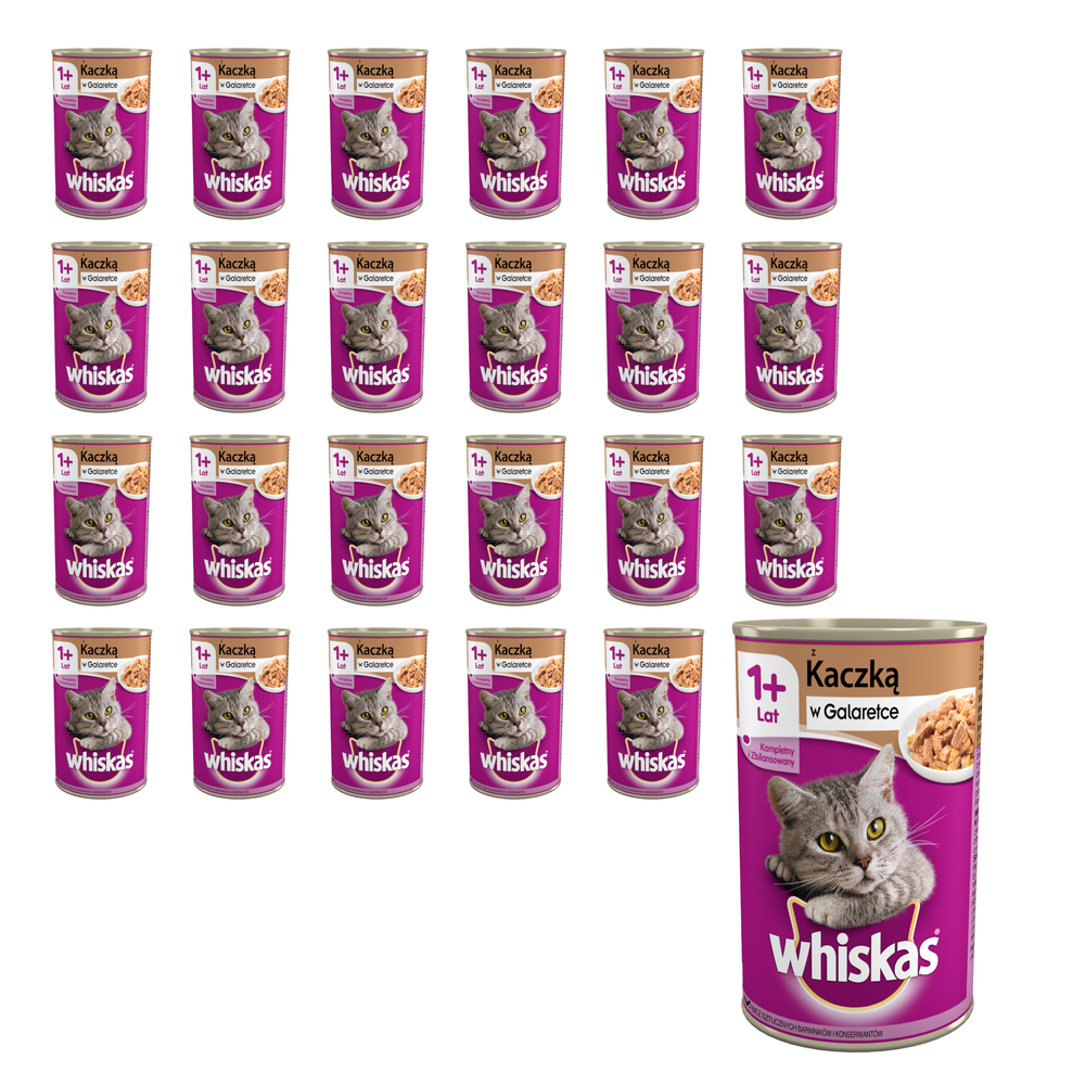 Wiele puszki karmy dla kotów Whiskas o smaku kaczki ułożonych, z jedną dużą puszką na pierwszym planie.