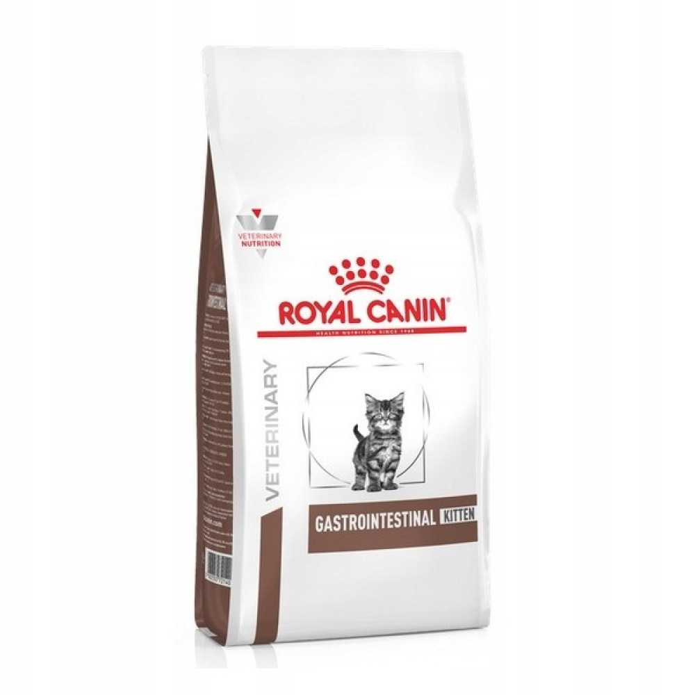 Biała torba karmy Royal Canin Gastrointestinal Kitten ze zdjęciem kociaka.