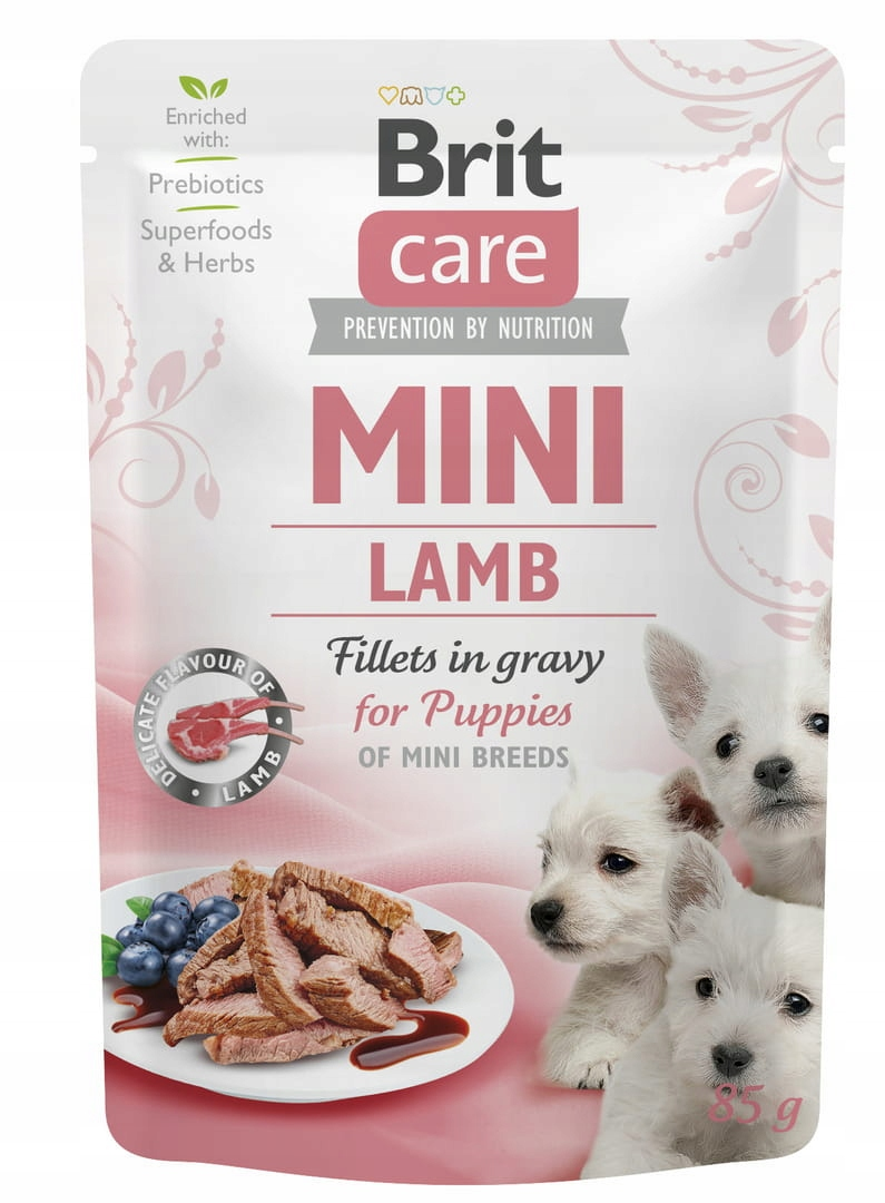 Saszetka karmy dla szczeniąt Brit Care Mini Lamb z białymi szczeniakami i filetami z jagnięciny.