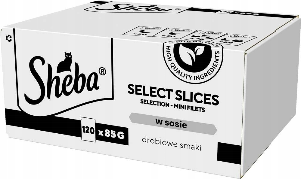 Biało-czarne pudełko karm dla kota Sheba z napisem Select Slices smaki drobiowe w sosie.
