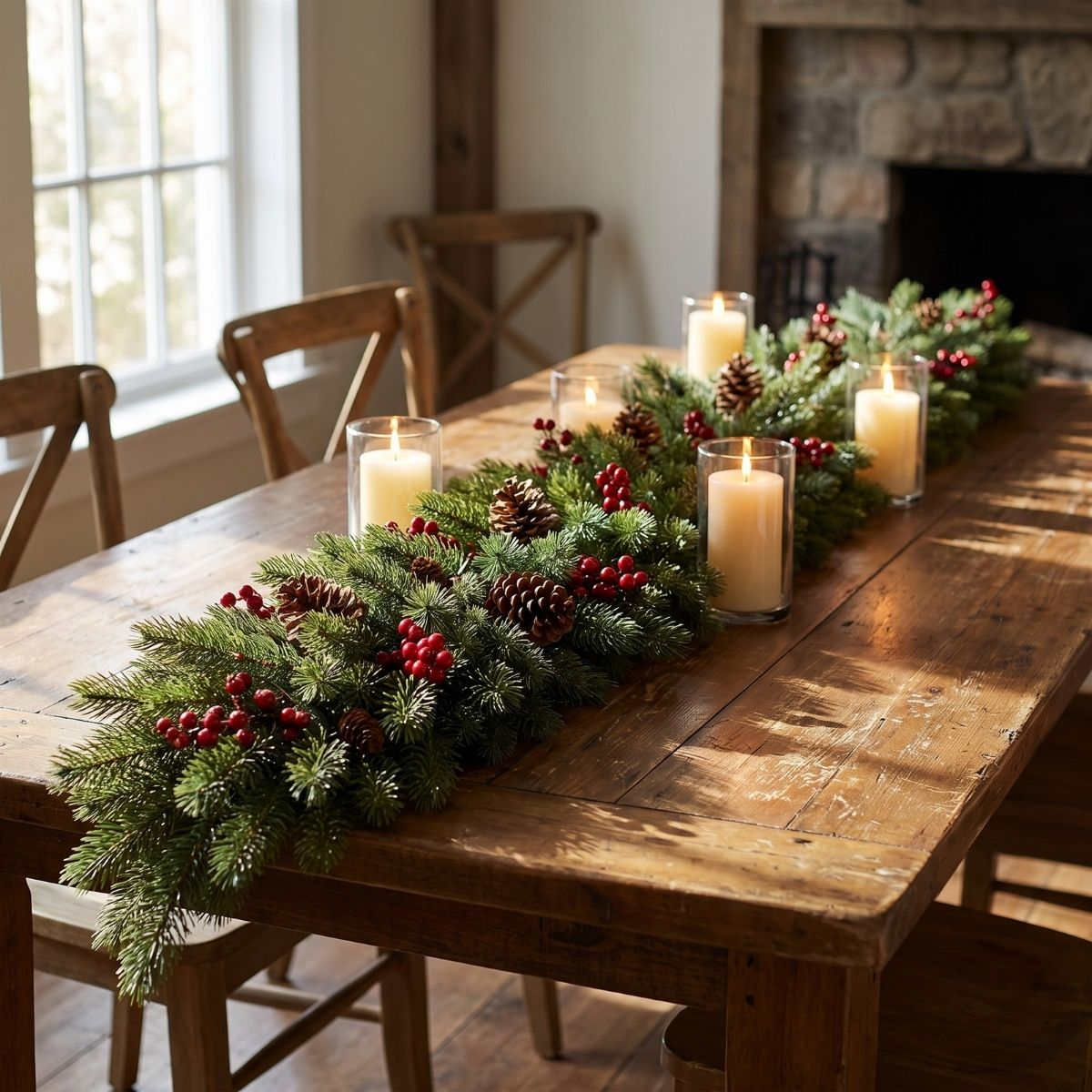 Une longue table à manger en bois est décorée d'une guirlande de sapin, de baies rouges, de pommes de pin et de bougies allumées.