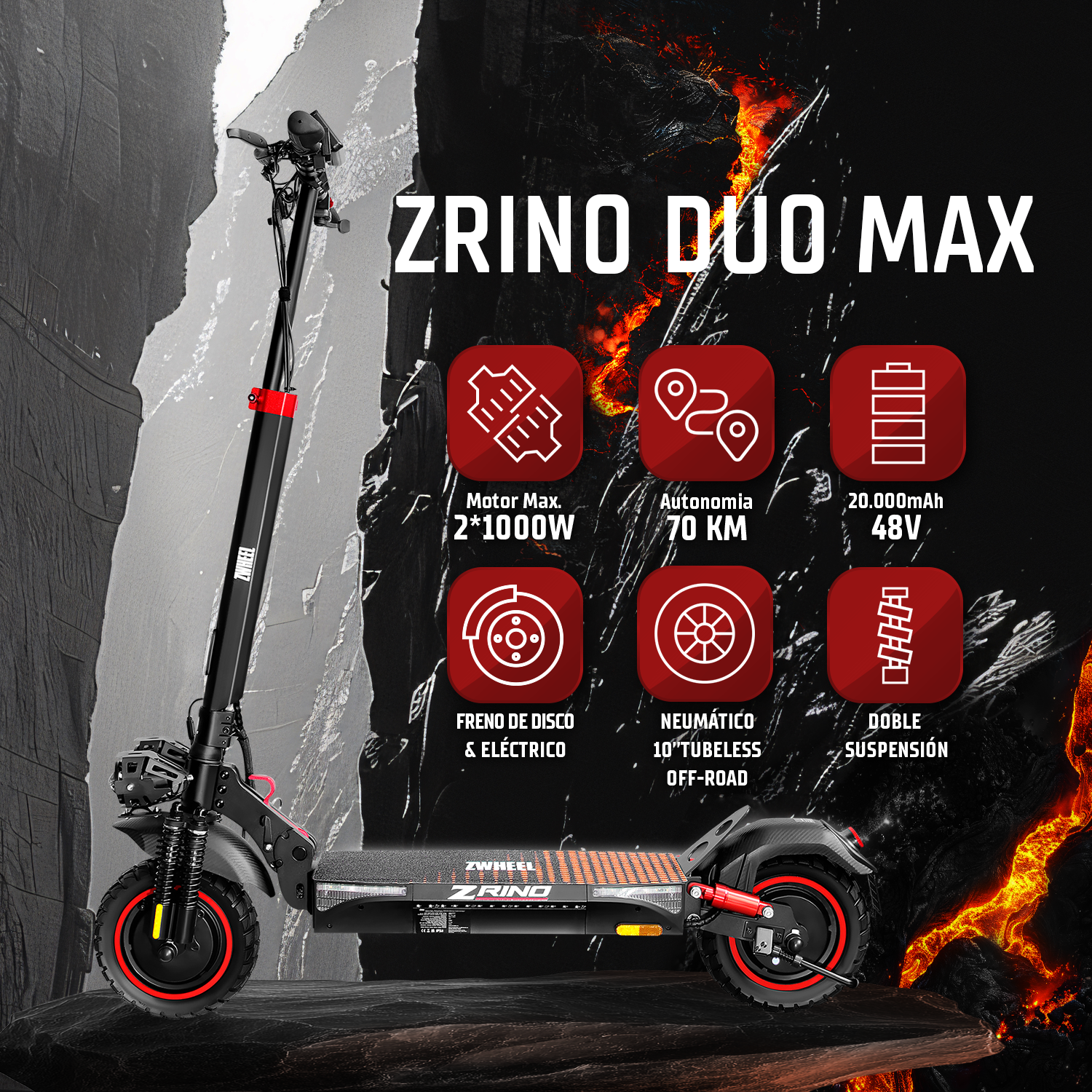 Patinete eléctrico negro ZRINO DUO MAX sobre fondo oscuro con lava e iconos rojos.