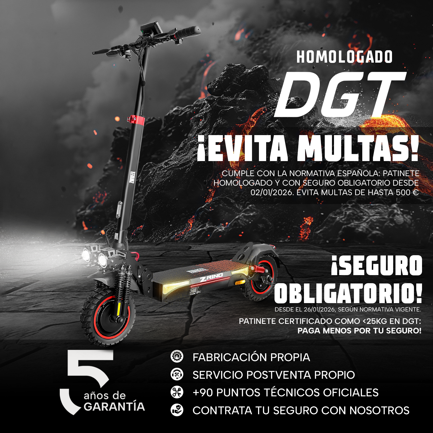 Un patinete eléctrico negro sobre fondo volcánico con texto promocional y avisos de homologación española.