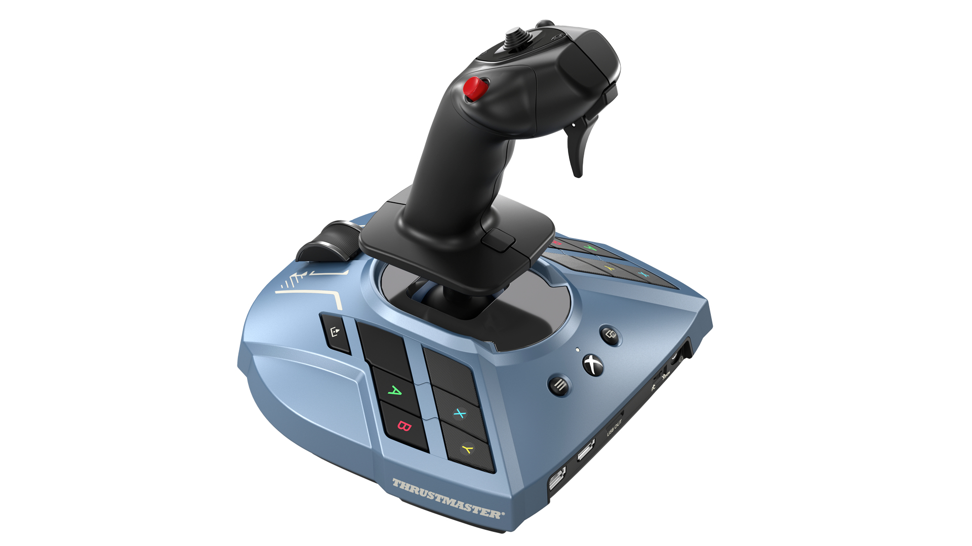 Ein blauer und schwarzer Thrustmaster-Joystick mit mehreren Tasten und einem roten Feuerknopf auf weißem Hintergrund.