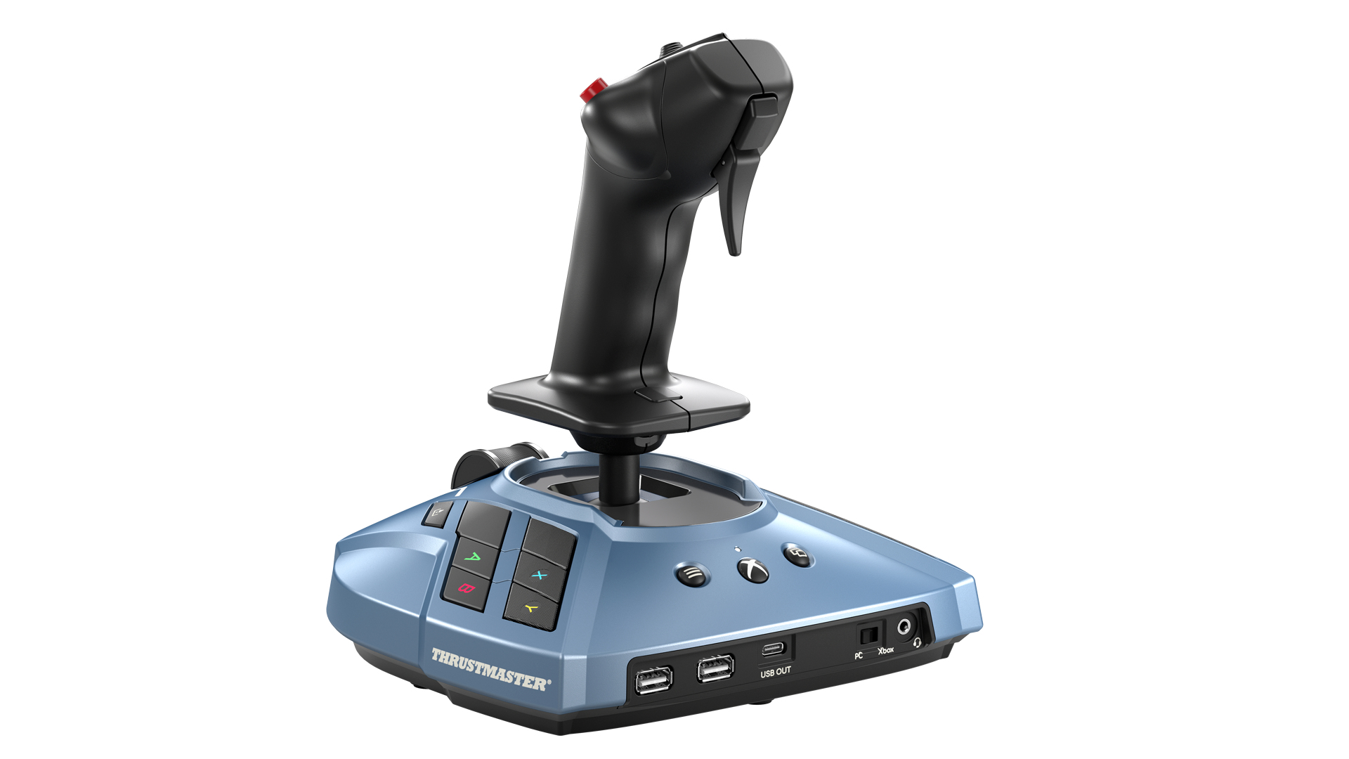 Ein blauer Thrustmaster-Joystick mit schwarzem Griff, mehreren Tasten und USB-Anschlüssen auf weißem Hintergrund.