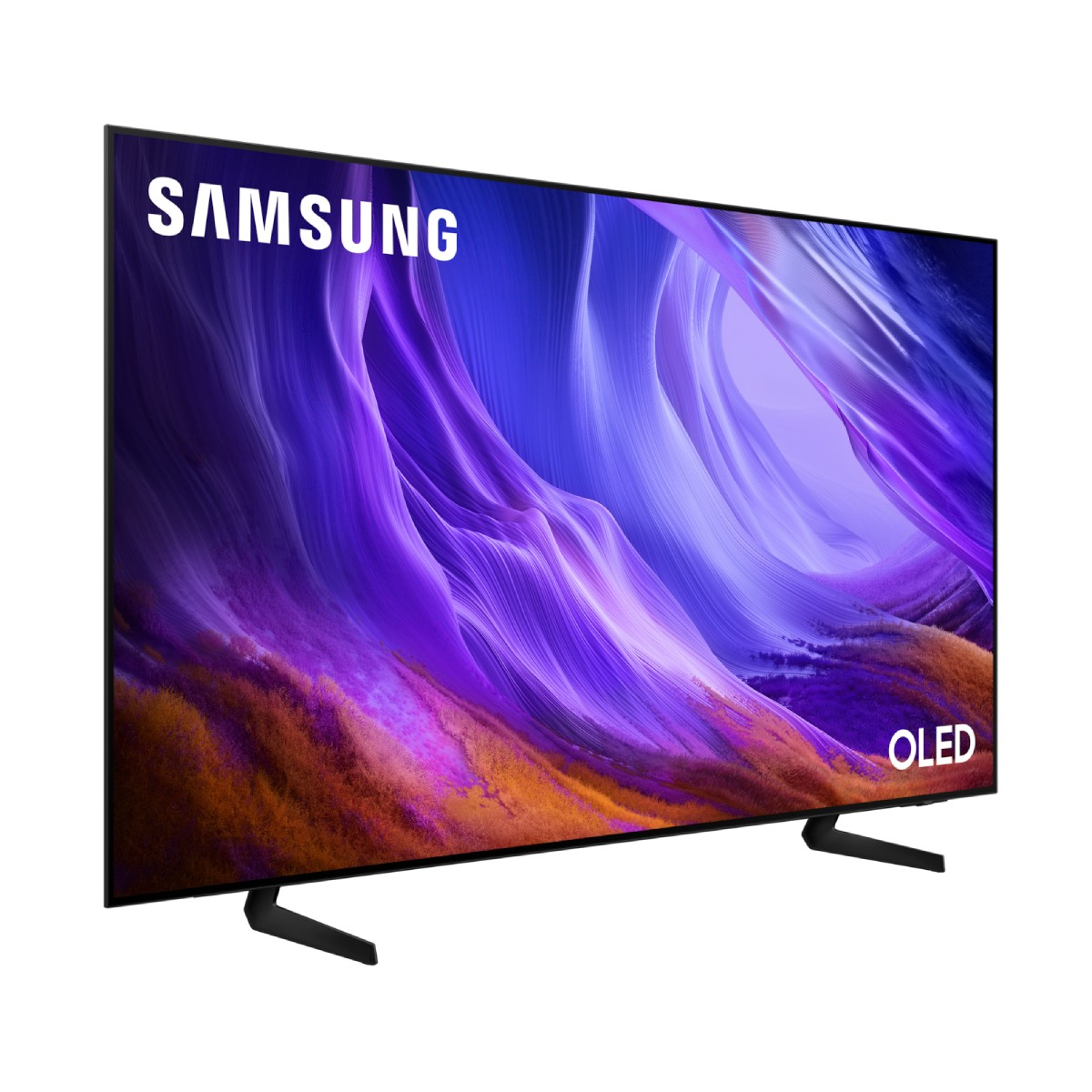 Televisor OLED de Samsung que muestra un fondo de pantalla colorido y abstracto.