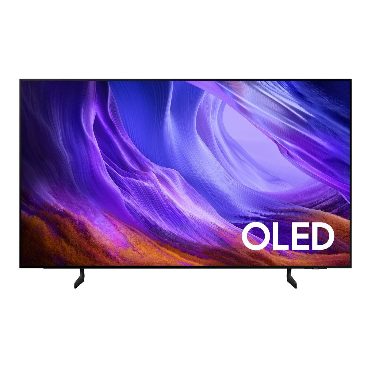 Un televisor OLED con marcos delgados y soportes muestra un paisaje abstracto en violeta y naranja con el logotipo OLED.