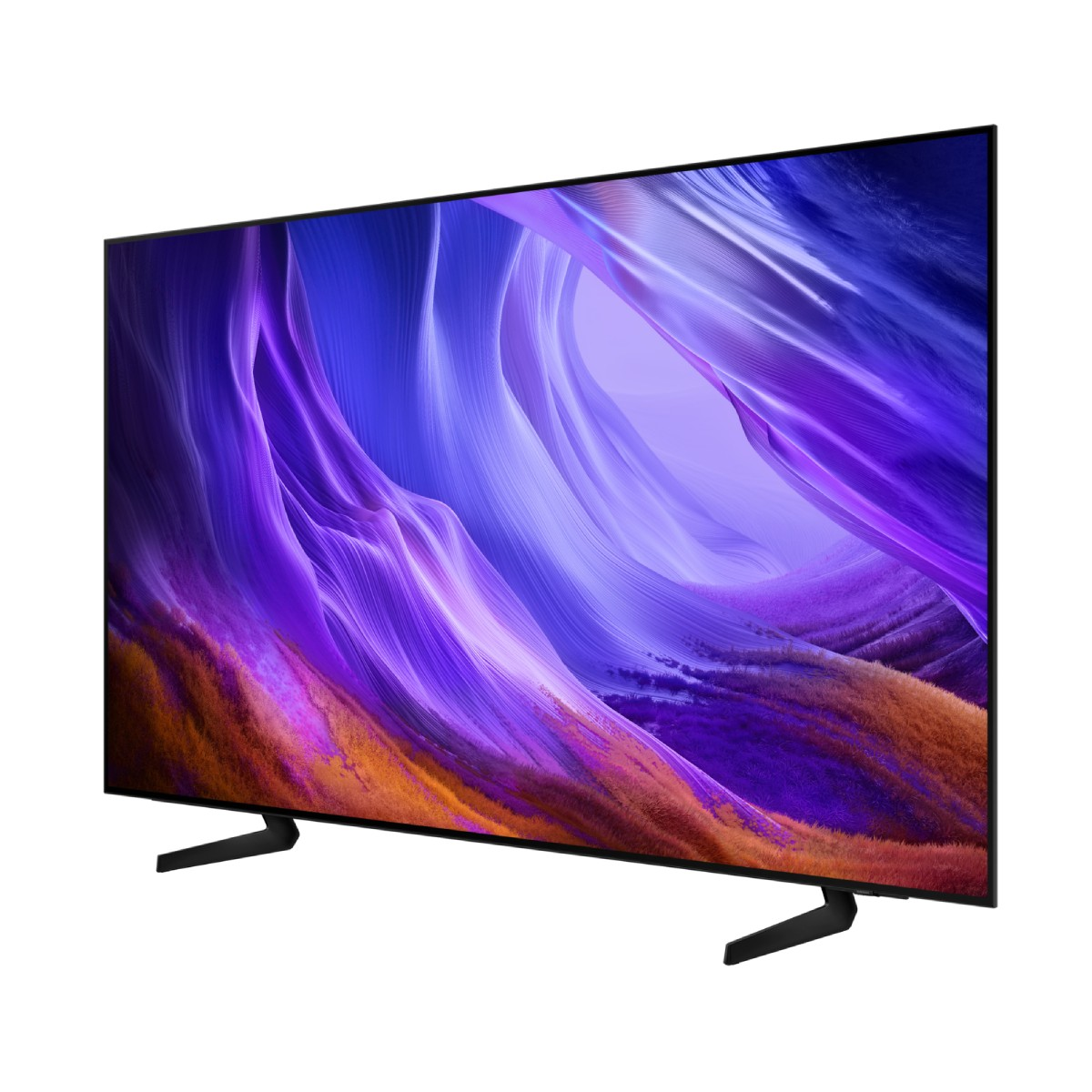 Un televisor moderno con biseles delgados muestra un papel tapiz abstracto vibrante en morado y naranja.