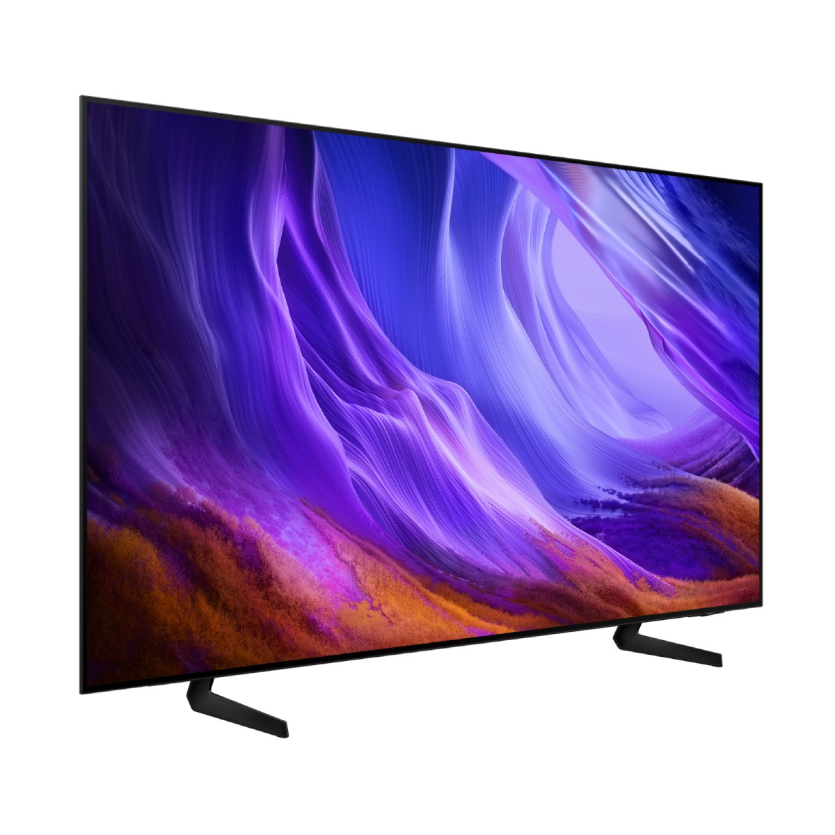 Un televisor de pantalla plana con marco negro y dos patas muestra una imagen abstracta morada y naranja.