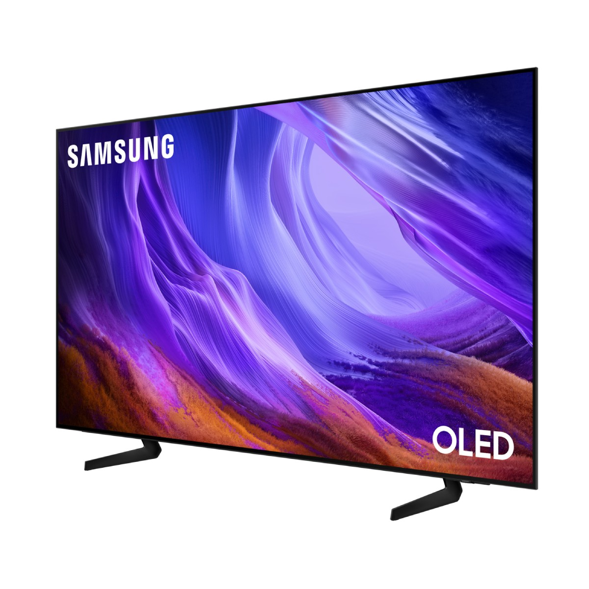 Un televisor OLED de Samsung muestra gráficos abstractos en tonos morados y naranjas vibrantes sobre fondo blanco.