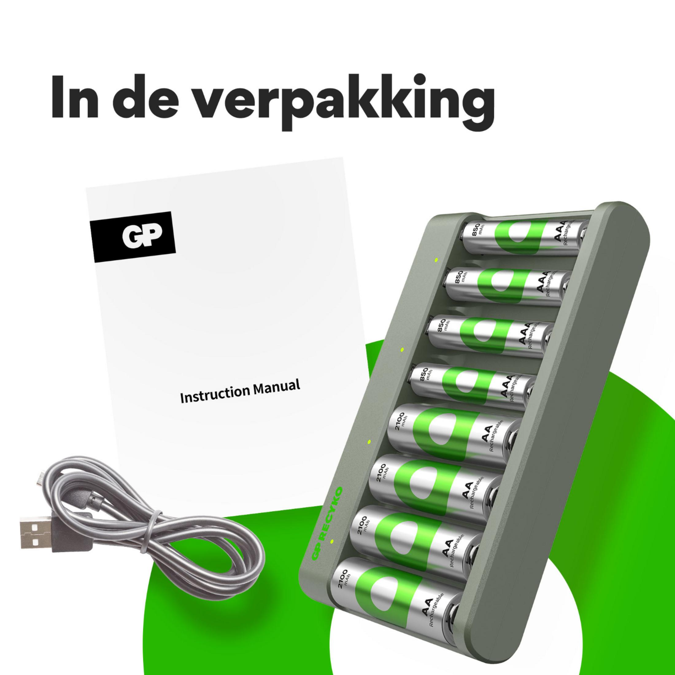 Un caricabatterie con batterie, un cavo USB e un manuale.