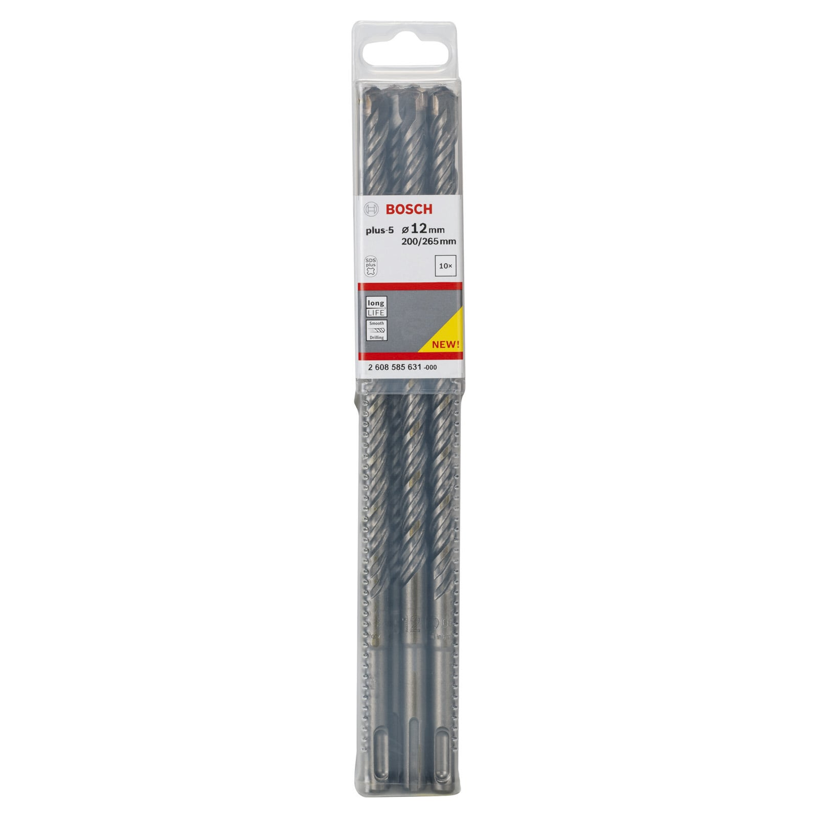 Packung mit zehn Bosch plus-5 SDS-plus Hammerbohrern, 12 mm Durchmesser, in klarer Kunststoffhülle.