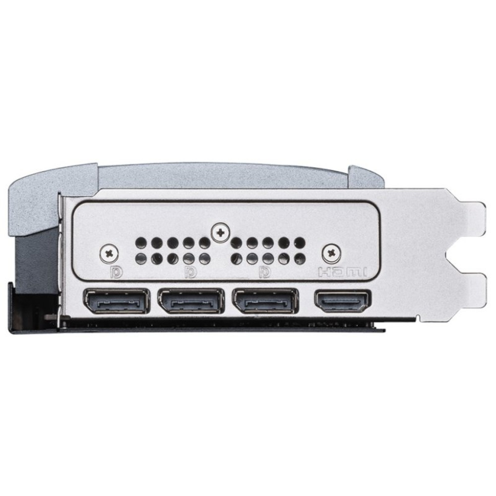 Tylny panel karty graficznej z trzema złączami DisplayPort i jednym portem HDMI.