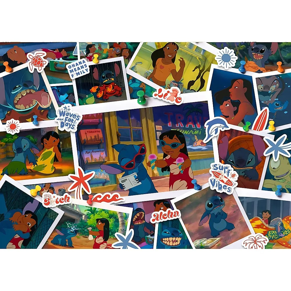 Eine bunte Collage aus Lilo und Stitch Fotos mit Stickern.