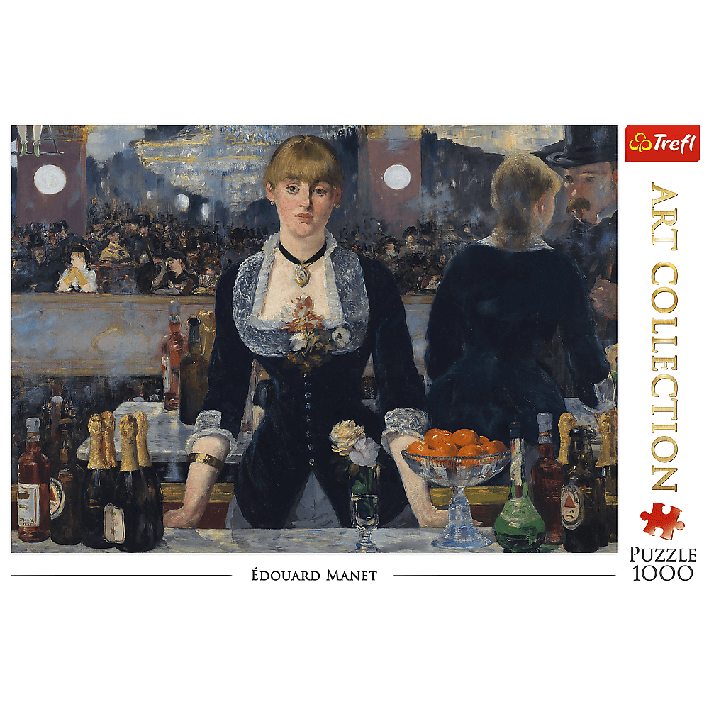 Gemälde einer Barkeeperin an einer Bar mit Flaschen, Obstschale und geschäftigem Hintergrund.