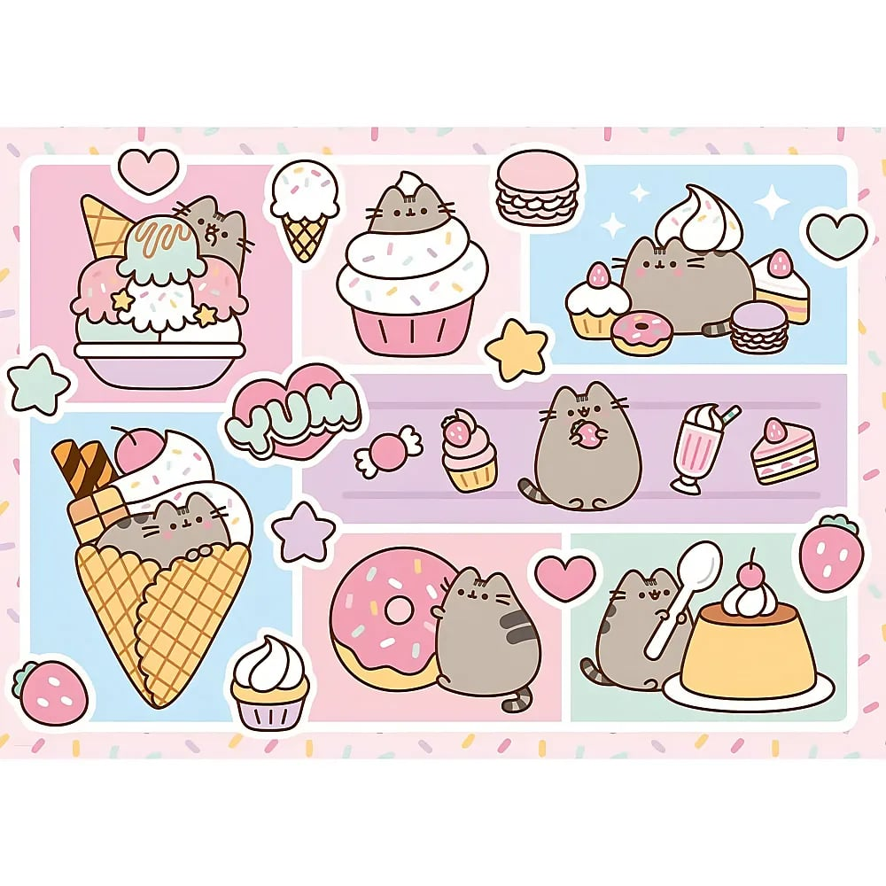 Niedliche Pusheen-Kantenaufkleber umgeben von Desserts wie Eiscreme, Cupcakes und Donuts auf rosa Hintergrund mit Streuseln.