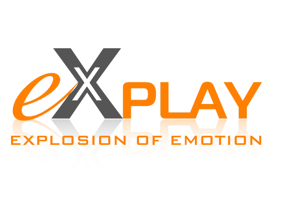 Logo z napisem exPLAY w kolorze pomarańczowym i szarym oraz podtytułem EXPLOSION OF EMOTION na czarnym tle.
