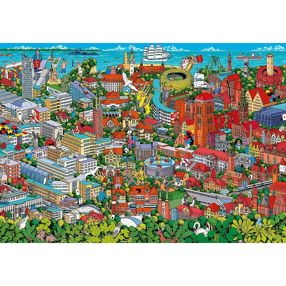 Wimmelbild einer bunten Stadt mit vielen Gebäuden, Menschen und einer Küstenlinie mit Schiffen im Hintergrund.