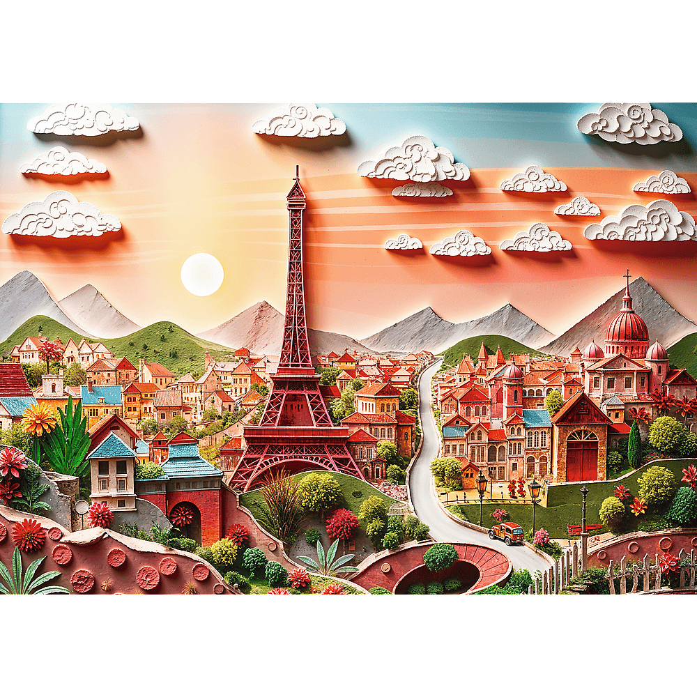 3D-Papierkunst von Paris mit dem Eiffelturm, roten Dächern, Bergen und weißen Wolken im Sonnenuntergang.