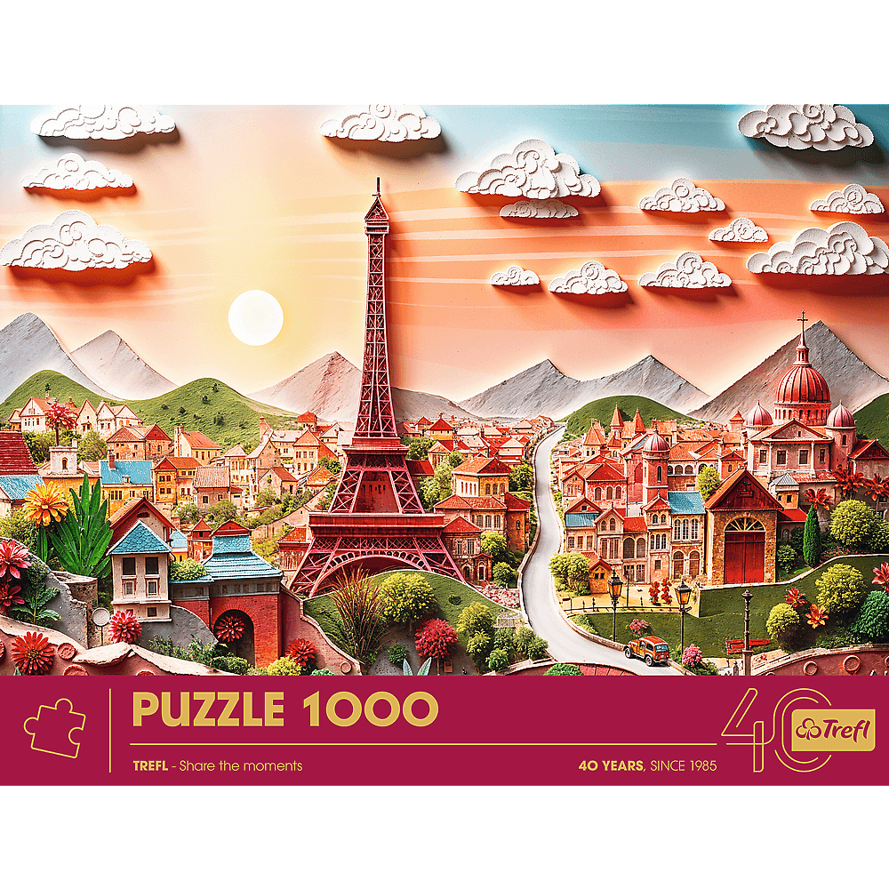 Ein 3D-Puzzle zeigt den Eiffelturm, eine Stadt und Wolken vor einem orangefarbenen Sonnenuntergang.
