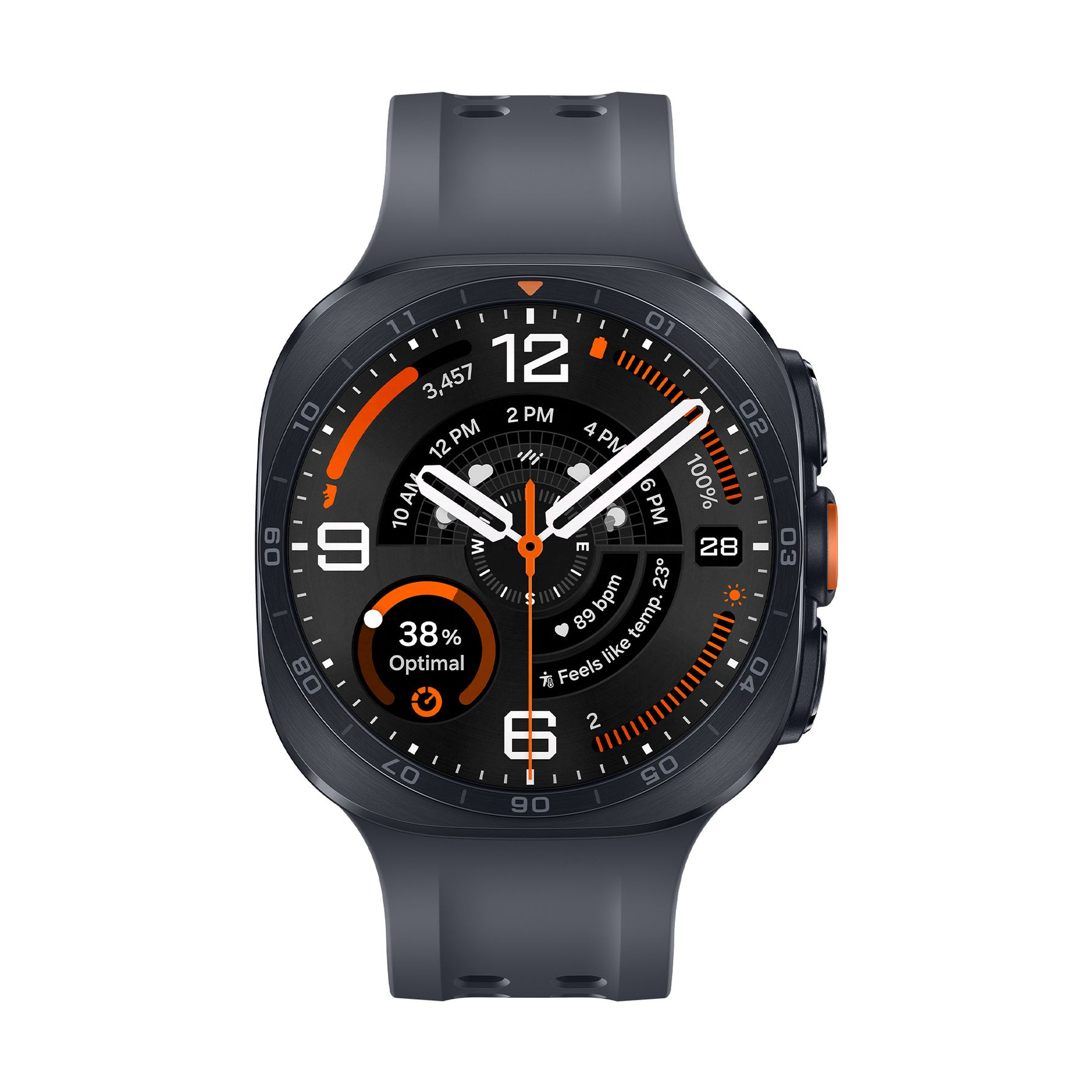 Eine schwarze Smartwatch mit orangefarbenen und weißen Akzenten auf dem Zifferblatt und einem dunklen Silikonarmband.
