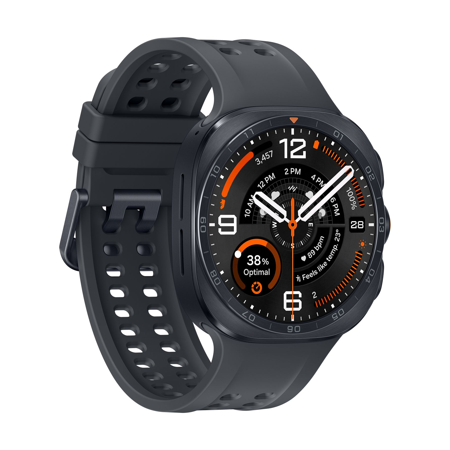 Eine schwarze Smartwatch mit perforiertem Silikonarmband und Zifferblatt mit orangen Details.