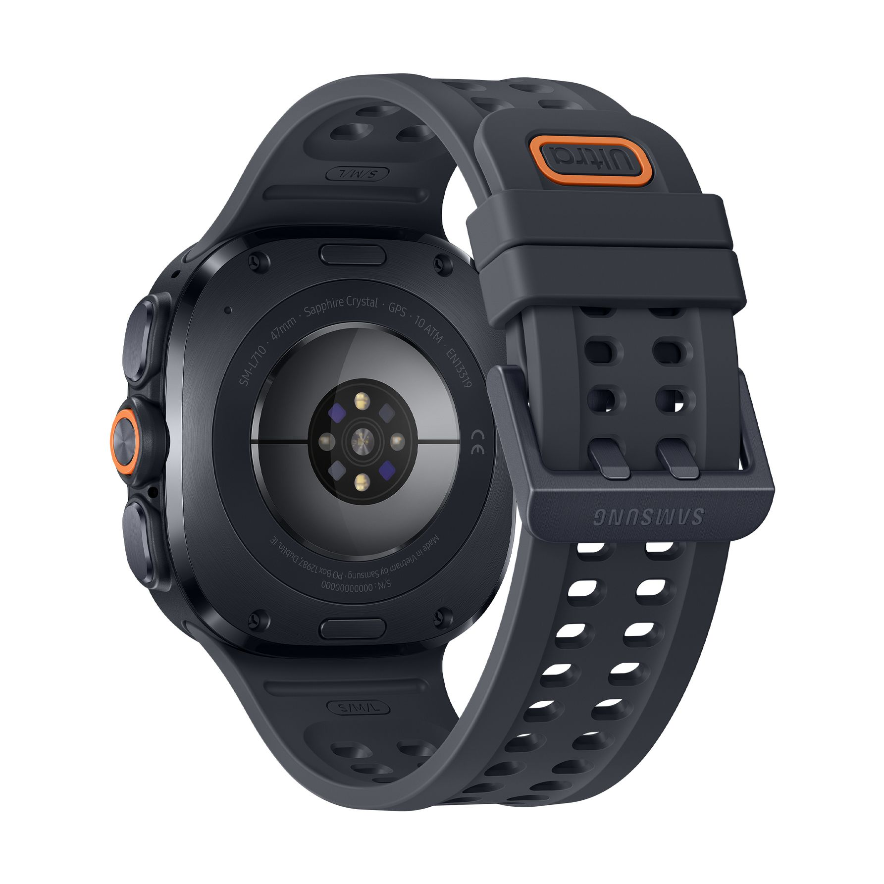 Rückseite einer schwarzen Smartwatch mit Sensoren, orangefarbenen Akzenten und einem gelöcherten Silikonarmband.