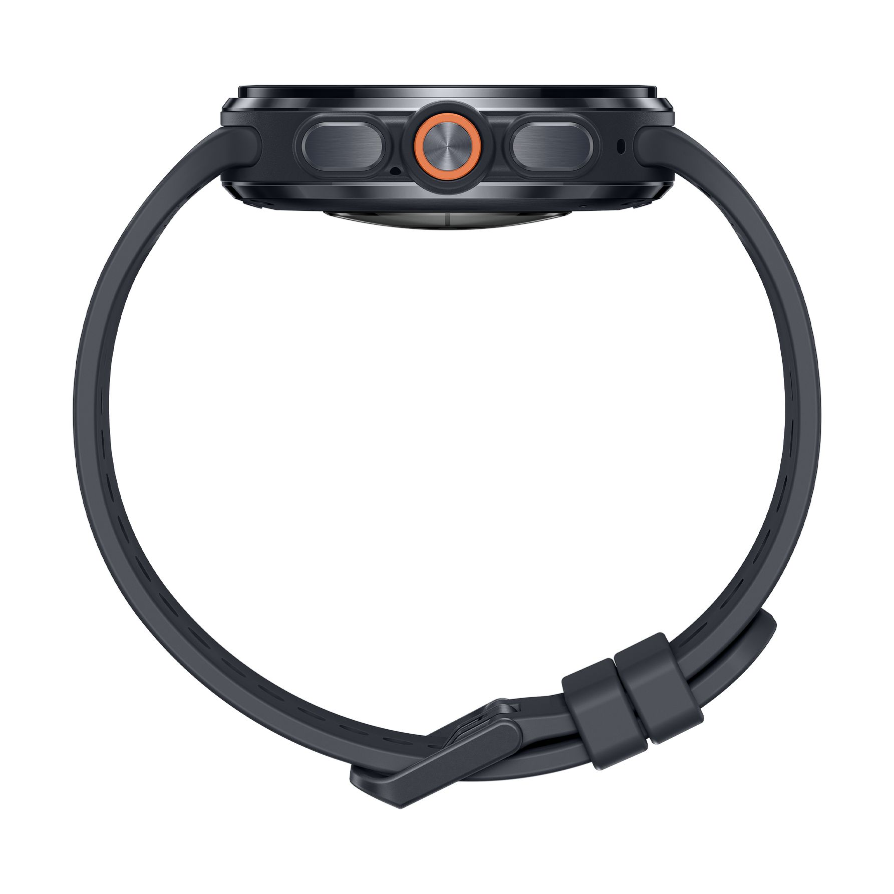 Seitenansicht einer dunklen Smartwatch mit orangen Knopf und schwarzem Silikonarmband auf weißem Grund.