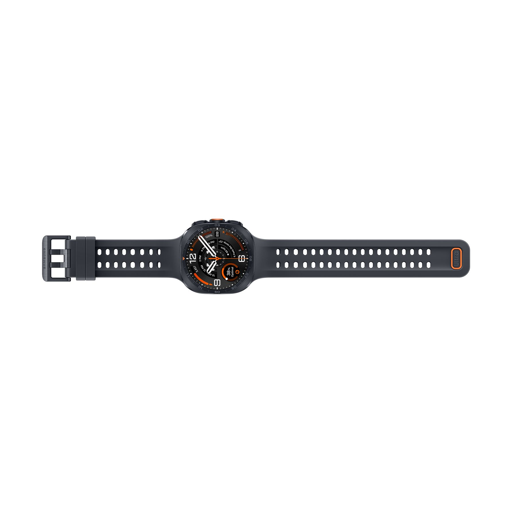 Eine dunkelgraue Samsung Galaxy Watch Ultra mit gelöchertem Armband und runden Zifferblatt liegt flach auf weißem Grund.