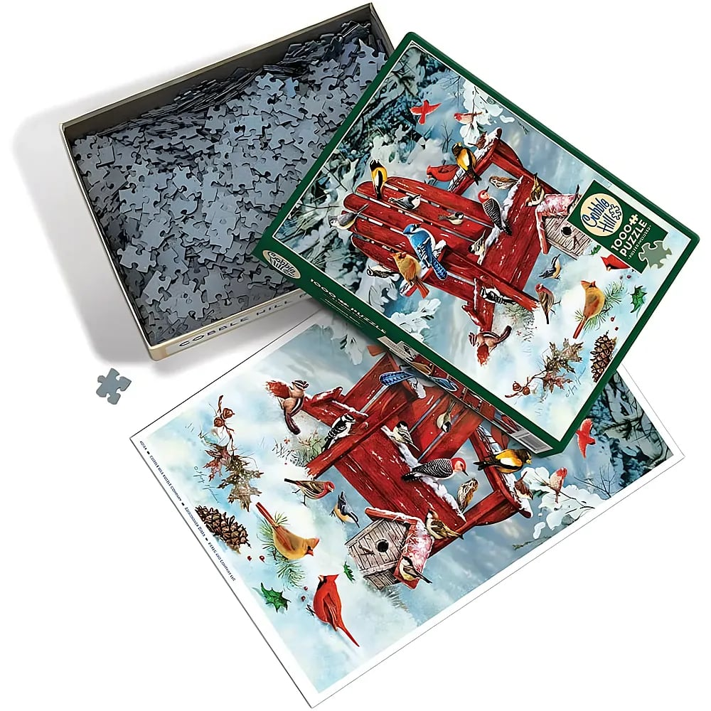 Ein offener Jigsaw-Puzzleschachtel mit vielen Puzzleteilen, der Deckel und ein Poster zeigen Vögel im Schnee.