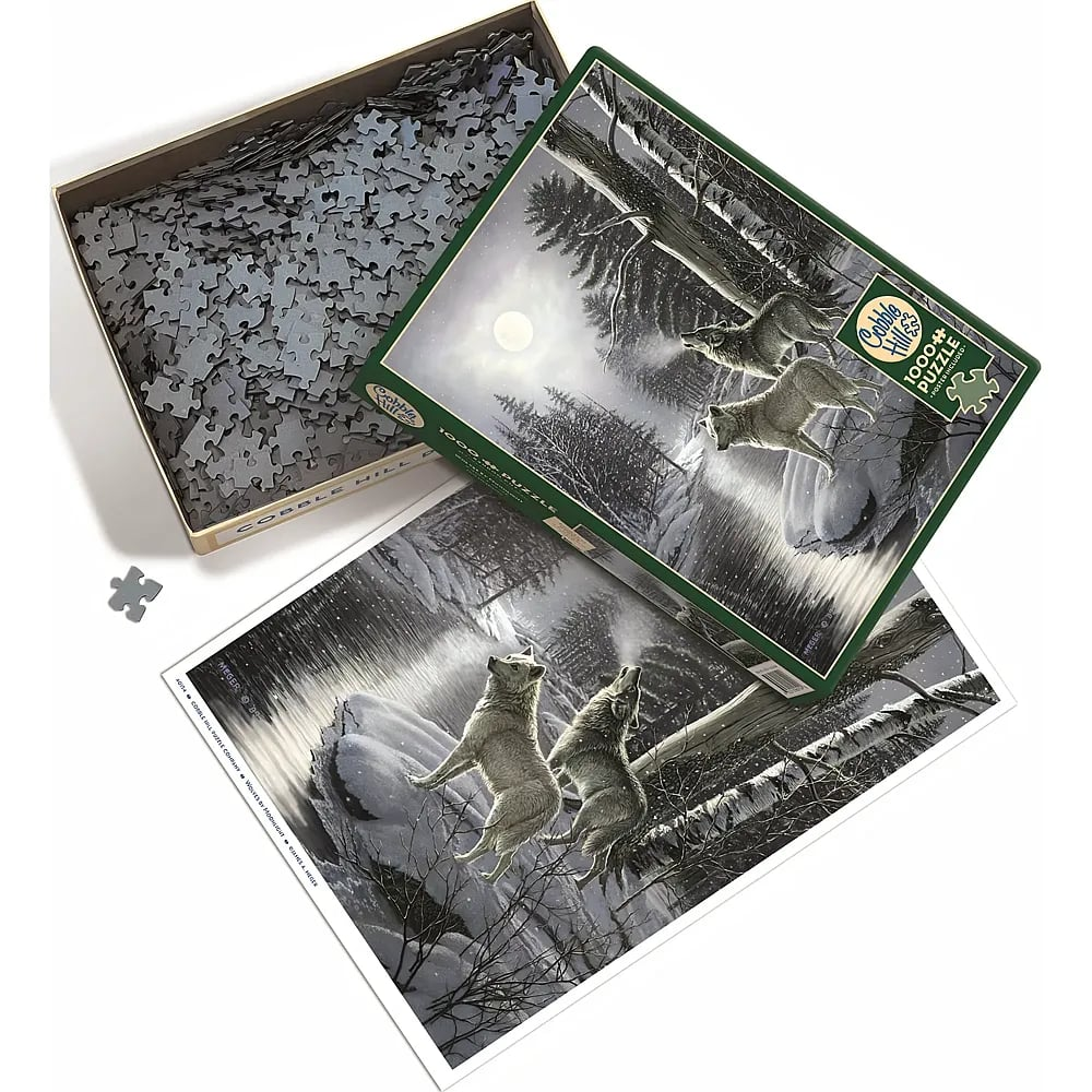 Ein offener Karton mit Puzzleteilen, der Deckel und ein Poster zeigen zwei Wölfe im Schnee bei Vollmond.